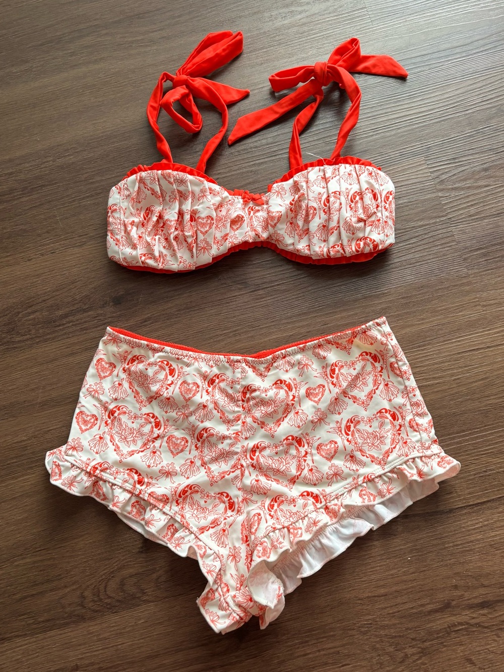 Blackbough Red and White Heart Print Ruffle Bikini Set